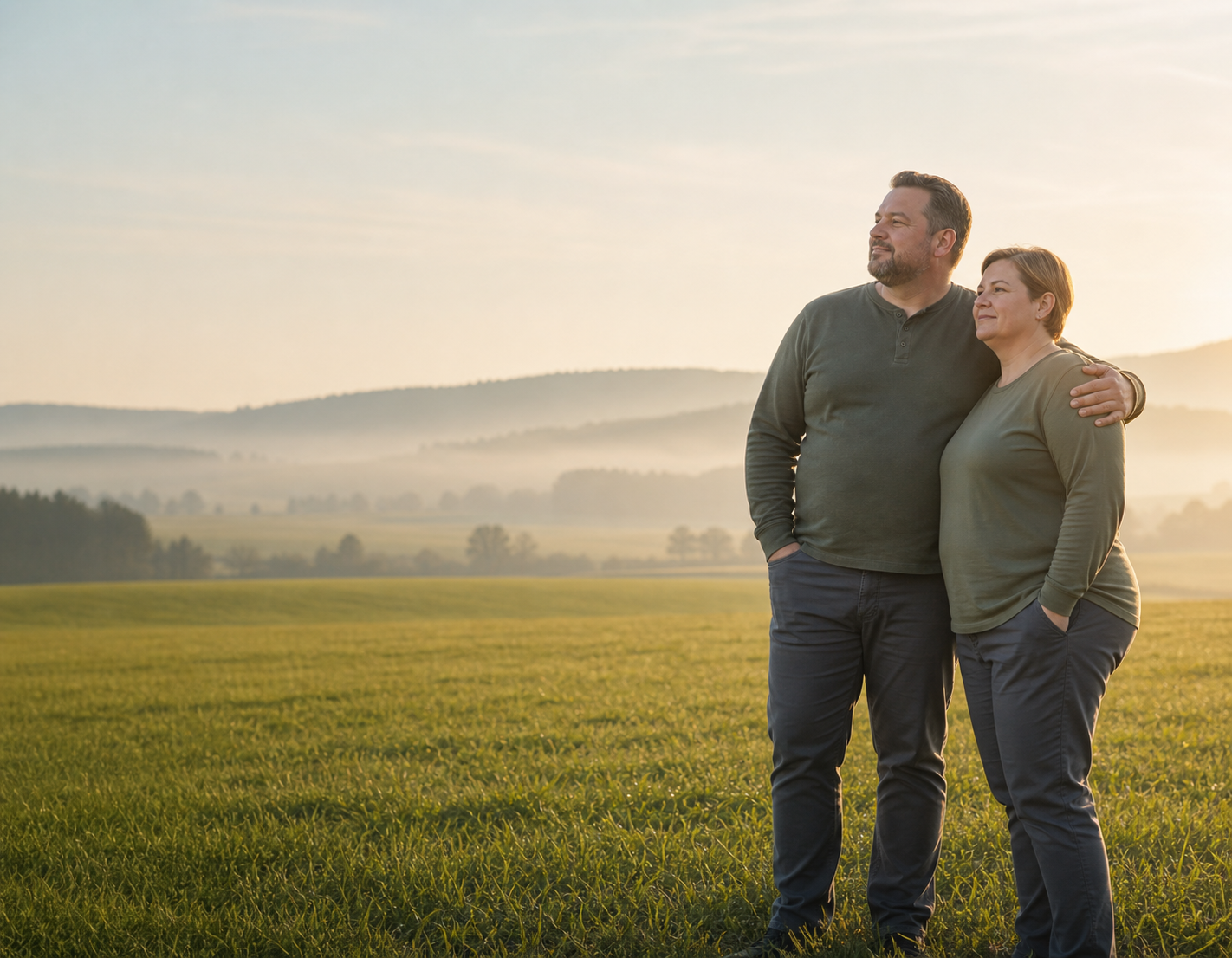 Woman standing in an open field at sunrise