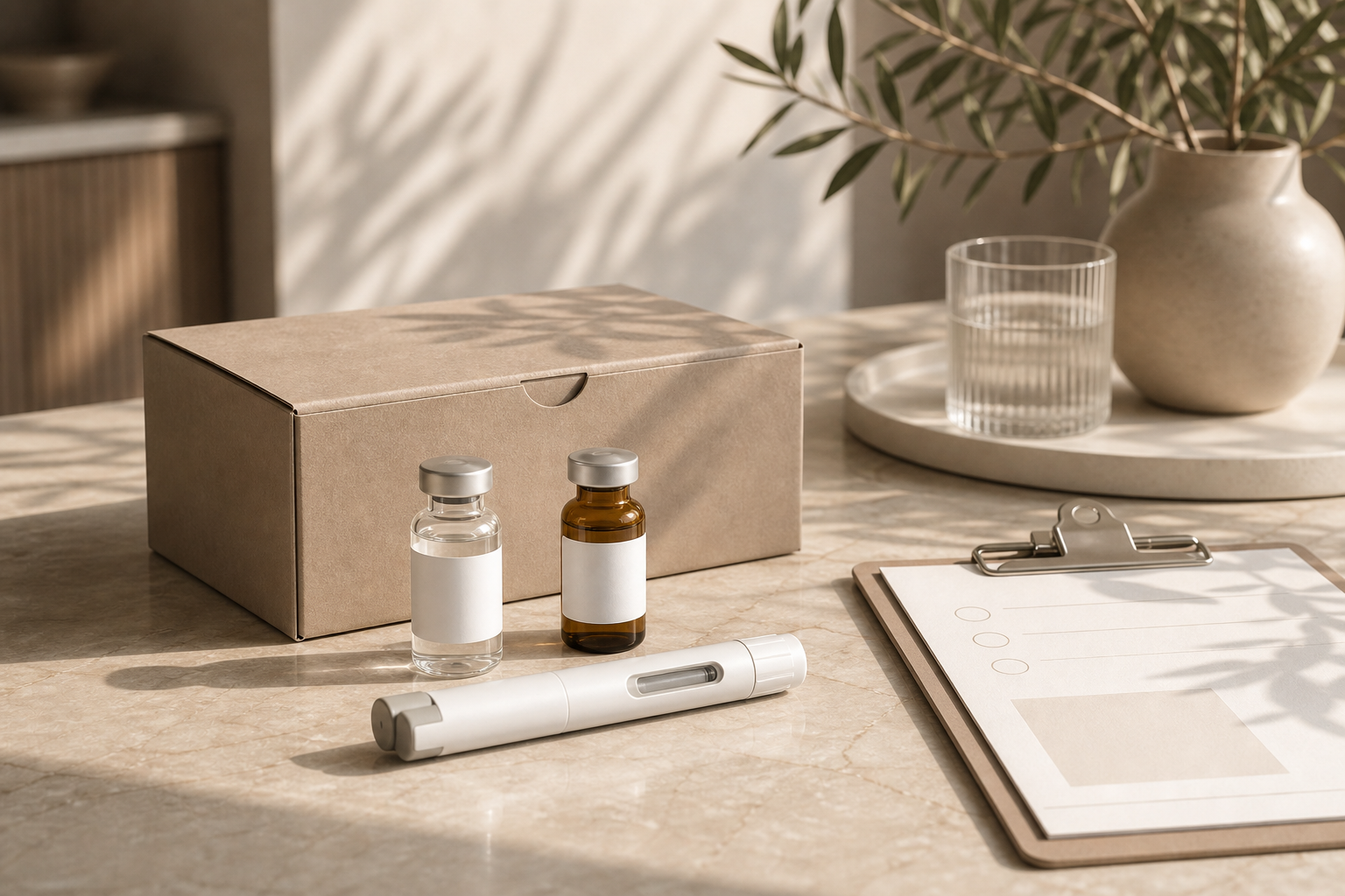 Medication shipping box, vials, injector pen, and quality checklist arranged on a sunlit marble countertop.